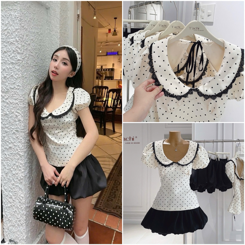   Hàng loại 1  Set áo chấm bi tay bồng cổ sen bo chun cột nơ lưng chiết eo phối chân váy bí đen bồng trẻ trung năng động 