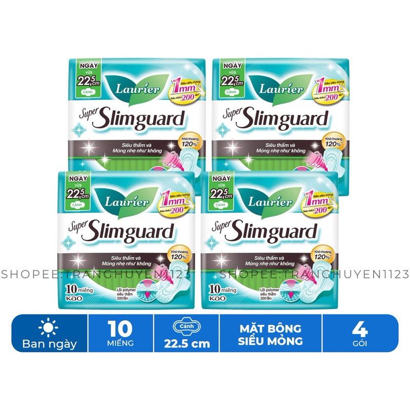 COMBO 4 GÓI BĂNG VỆ SINH LAURIER SIÊU MỎNG SIÊU THẤM SUPER SLIMGUARD 22.5CM 10 MIẾNG