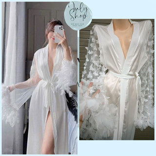 [<60kg] Áo Choàng Ngủ Lụa JULY Sexy Tay Ren Hồ Điệp & Tay Ren Lông Vũ Sang Chảnh, Áo Choàng Make up Cô Dâu Lụa Latin CC
