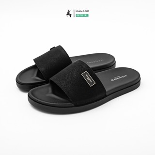 Dép nam MANADO Mã MND13 full đen- Dép quai ngang da microfiber, đế cao su, quai khâu chắc chắn, fullbox (hộp đẹp)