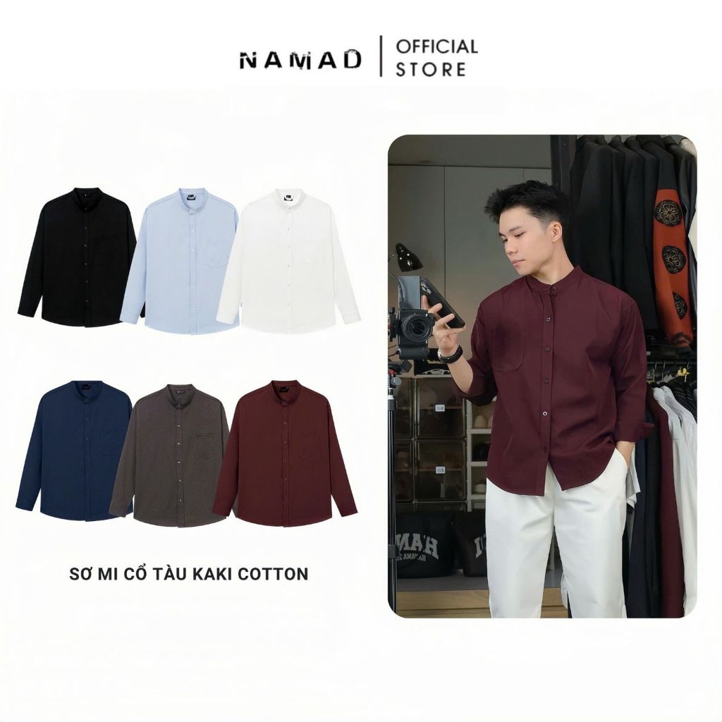 Áo sơ mi nam Namad cổ Tàu dài tay, Kaki cotton thấm hút mồ hôi, Form rộng K007