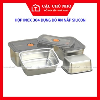 hộp inox 304 đựng thức ăn, nắp đậy silicon, khay inox, hộp inox nắp chống tràn 1200ml, 1500, 2200 3000 4000 ml