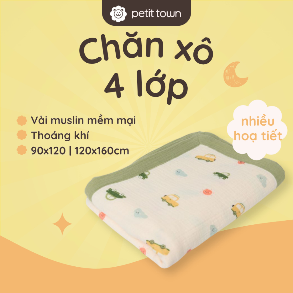Chăn xô 4 lớp cho bé vải xô muslin Petit Town, chăn đi học