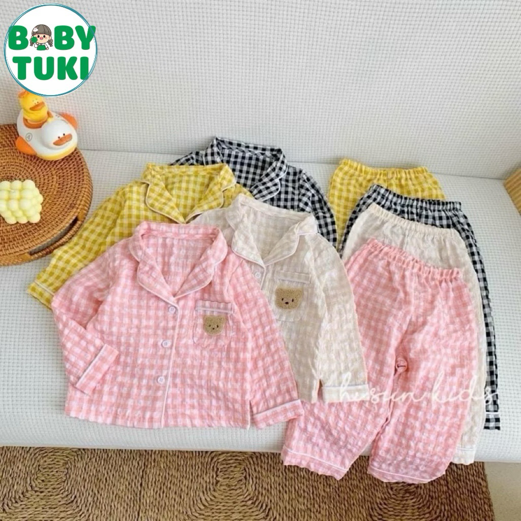 Pijama cho bé trai bé gái size 10-30kg hoạ tiết caro, đồ ngủ cho bé dài tay thu đông chất đũi xốp loại 1
