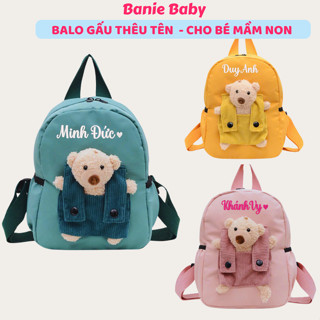 (THÊU TÊN) - HOT 2025 Balo Gắn Gấu Thêu Tên Bé Theo Yêu Cầu Cho Bé đi học mẫu giáo chống thất lạc - Banie Baby