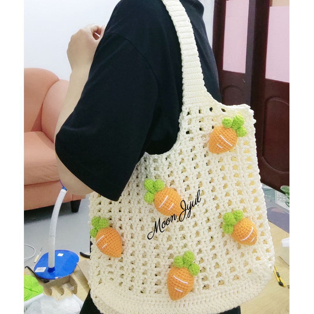 Túi tote cà rốt bằng len handmade, túi lưới đi biển mùa hè, túi móc len | Handmade crochet carrot to