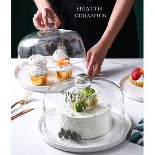KHAY SỨ TRÒN ĐỰNG BÁNH PHONG CÁCH BẮC ÂU, NẮP THỦY TINH SANG TRỌN
