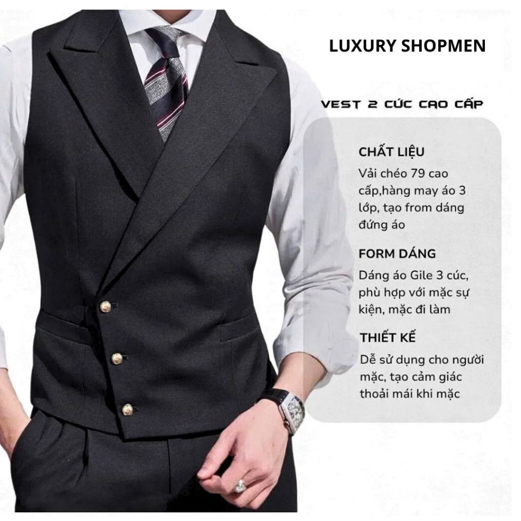 Áo Gile Nam 3 Cúc LUXURYSHOPMEN Form Ôm Dáng Slim Sang Trọng,Áo Vest Gile Nam Ve Nhọn Lịch Lãm