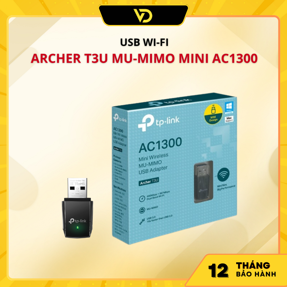 USB thu Wifi TP-Link Archer T3U MU-MIMO Mini AC1300 hỗ trợ thu wifi cho máy PC, laptop