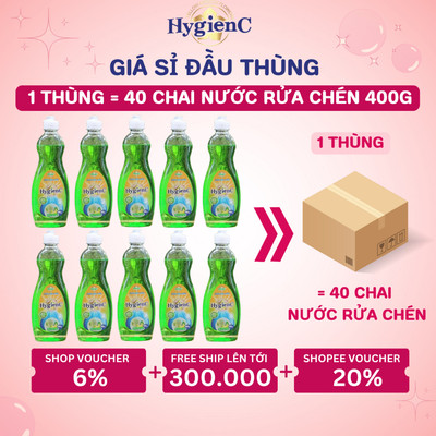 [Sỉ Thùng] Thùng 40 Chai Nước Rửa Chén HygienC Plus 400g Hương Dưa Lưới  - Sạch Vết Dầu Mỡ Bám Trên Chén Bát