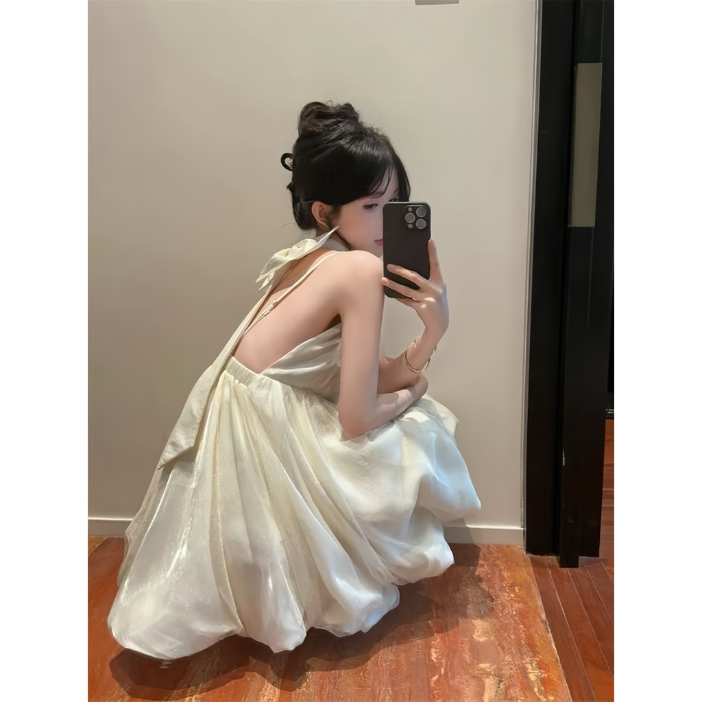  Đầm Babydoll Dự Tiệc Đầm Váy Cổ Yếm Kèm Nơ   Có Mút Ngực  Thiết kế Hở Lưng Tùng Xoè Phối Nơ Tiểu Thư Nữ Tính 
