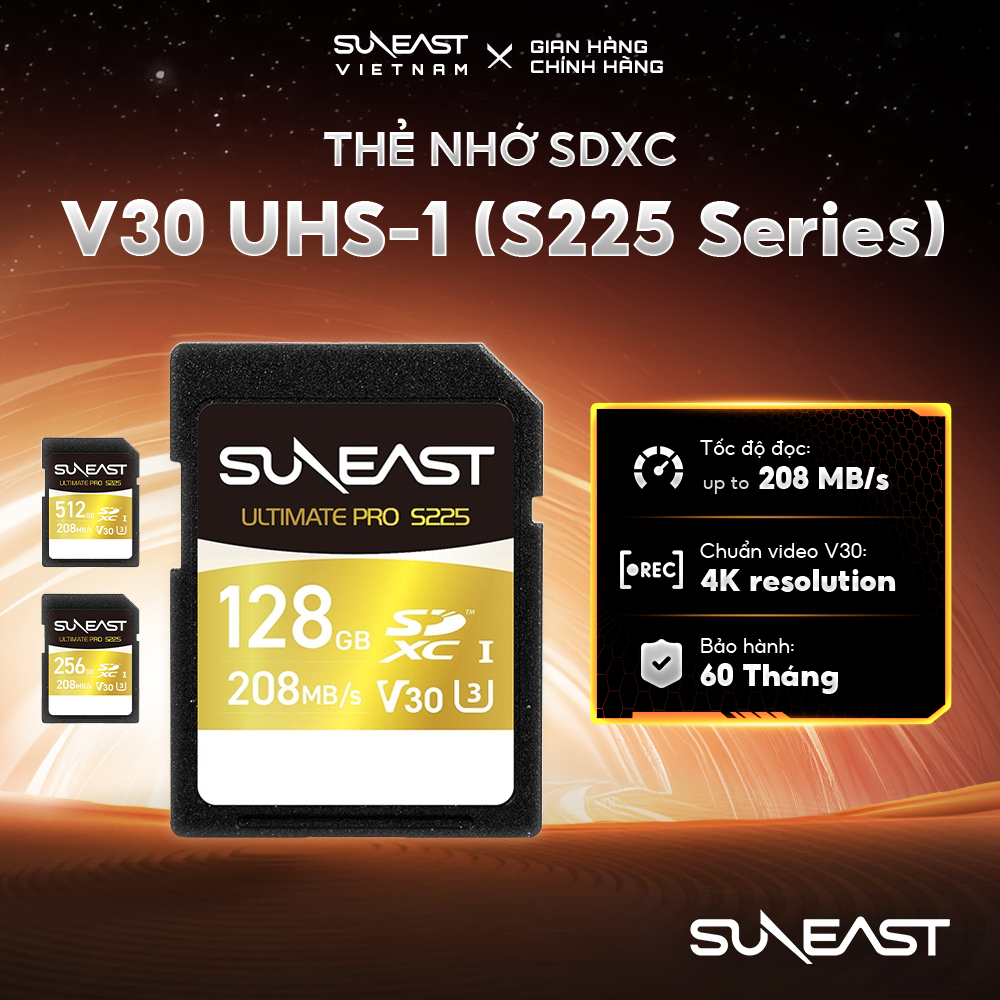 Thẻ nhớ SDXC SunEast V30 128GB | 256GB | 512GB S225 Series – Tốc độ đến 208MB/s, quay video 4K, bảo hành 5 năm | BigBuy360 - bigbuy360.vn
