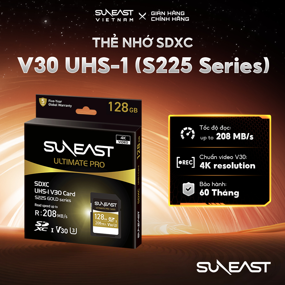 Thẻ nhớ SDXC SunEast V30 128GB | 256GB | 512GB S225 Series – Tốc độ đến 208MB/s, quay video 4K, bảo hành 5 năm | BigBuy360 - bigbuy360.vn