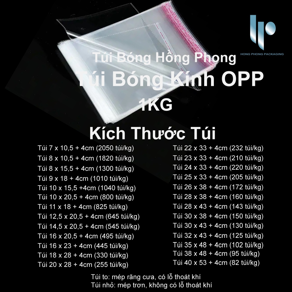 1KG - Túi bóng kính dán miệng OPP - Túi đóng quần áo dán miệng