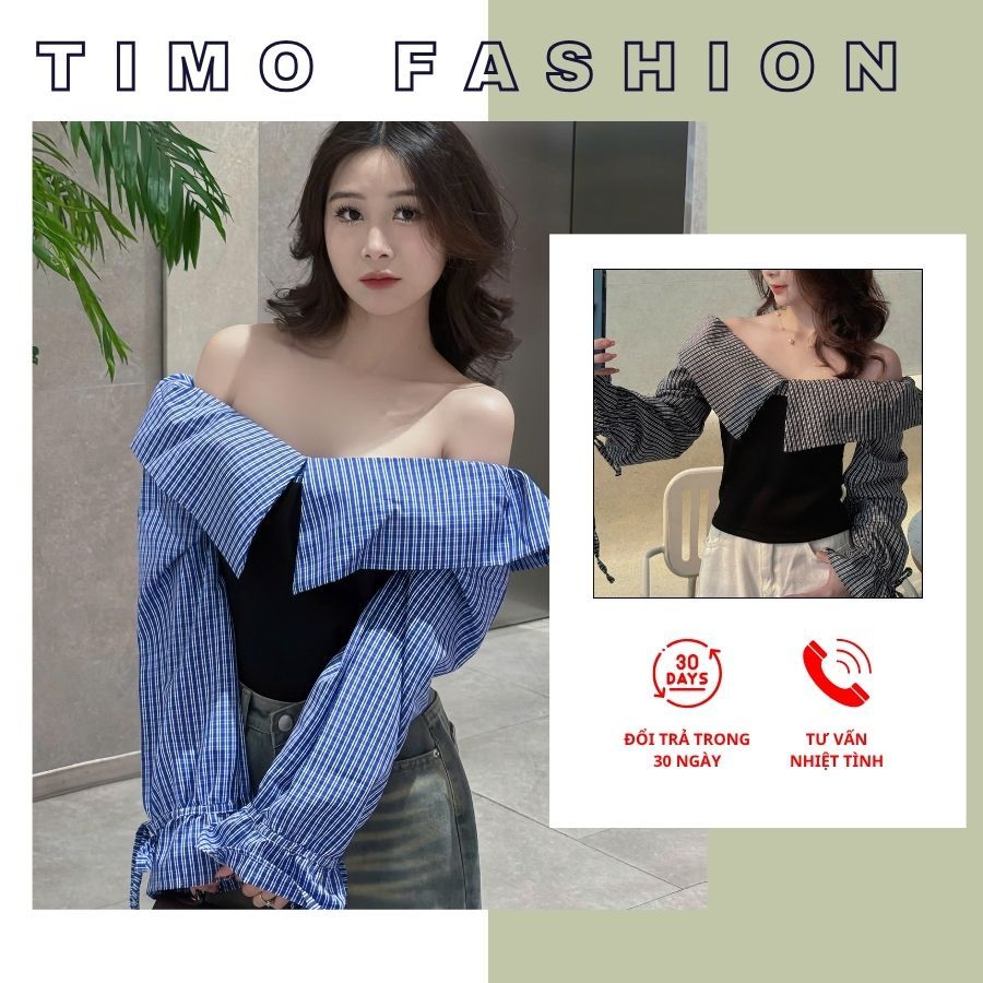  Áo thun nữ Timo Áo kiểu nữ trễ vai phối kẻ caro chất vải mềm mịn thoáng mát AOT003 