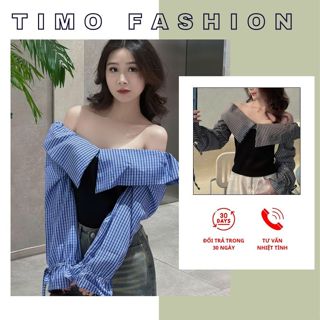  Áo thun nữ Timo Áo kiểu nữ trễ vai phối kẻ caro chất vải mềm mịn thoáng mát AOT003 