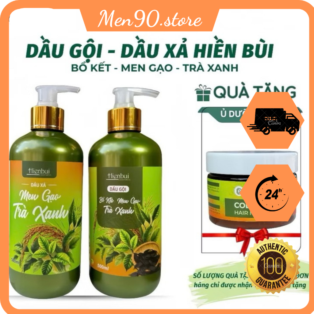 Dầu Gội & Xả Hiền Bùi Bồ Kết Men Gạo Trà Xanh 500ml,Kích mọc tóc,Ngăn dầu,Giúp tóc mềm mượt