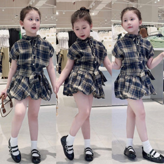 X24 Sét Kẻ Áo Phối Quần Váy Ống Bí Xinh Cho Bé