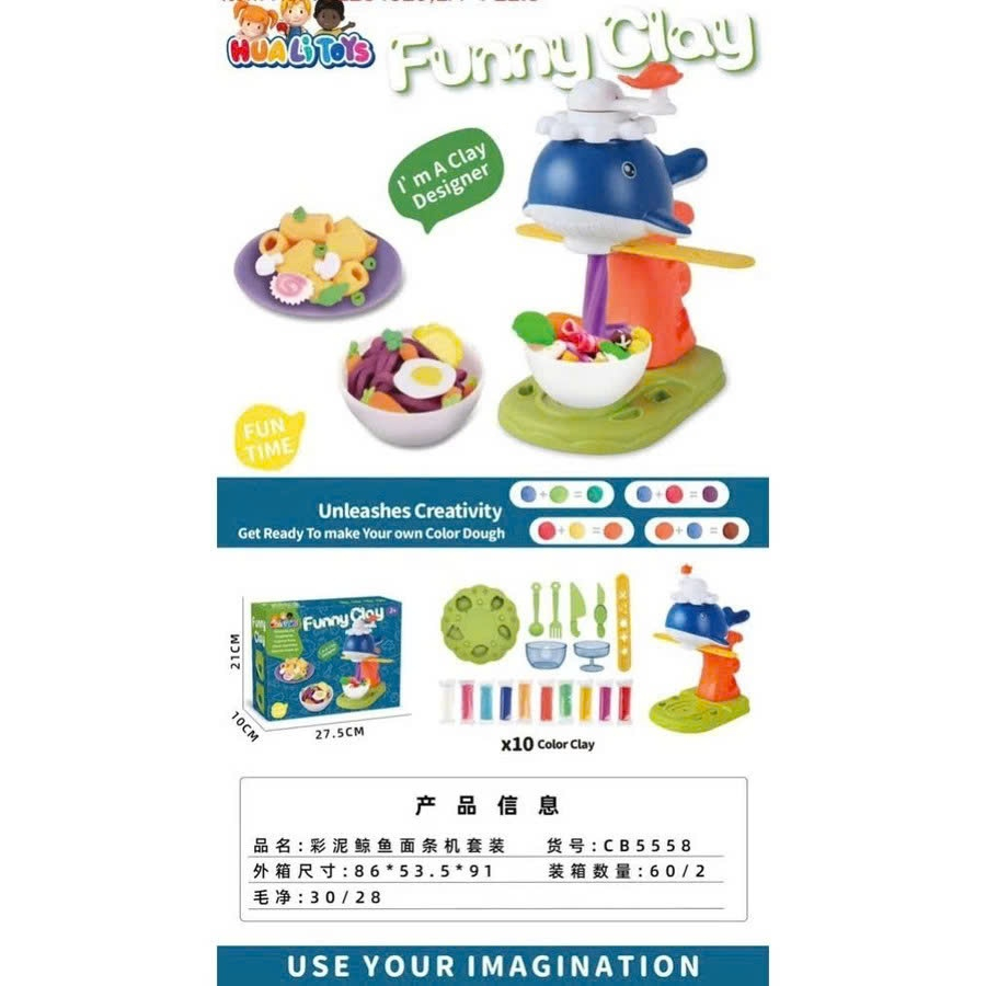 Máy làm mì đất nặn 10 màu cho bé - đồ chơi sáng tạo khuôn mì khủng long/cá voi an toàn không dính tay