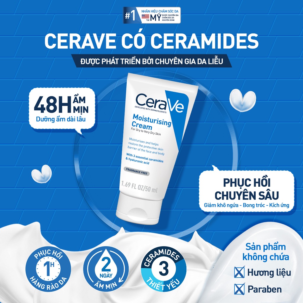 Kem dưỡng ẩm phục hồi chuyên sâu và giữ da ẩm mịn suốt 48H CERAVE MOISTURISING CREAM 50ML | BigBuy360 - bigbuy360.vn