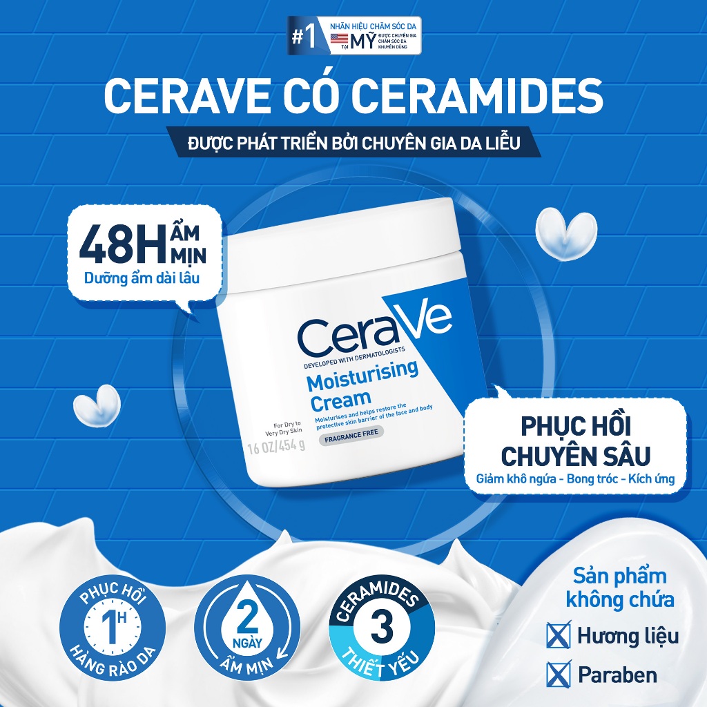 Kem dưỡng ẩm phục hồi sâu và ẩm mịn suốt 48H dành cho da khô, duy trì hàng rào bảo vệ da CERAVE MOISTURISING CREAM 454G | BigBuy360 - bigbuy360.vn