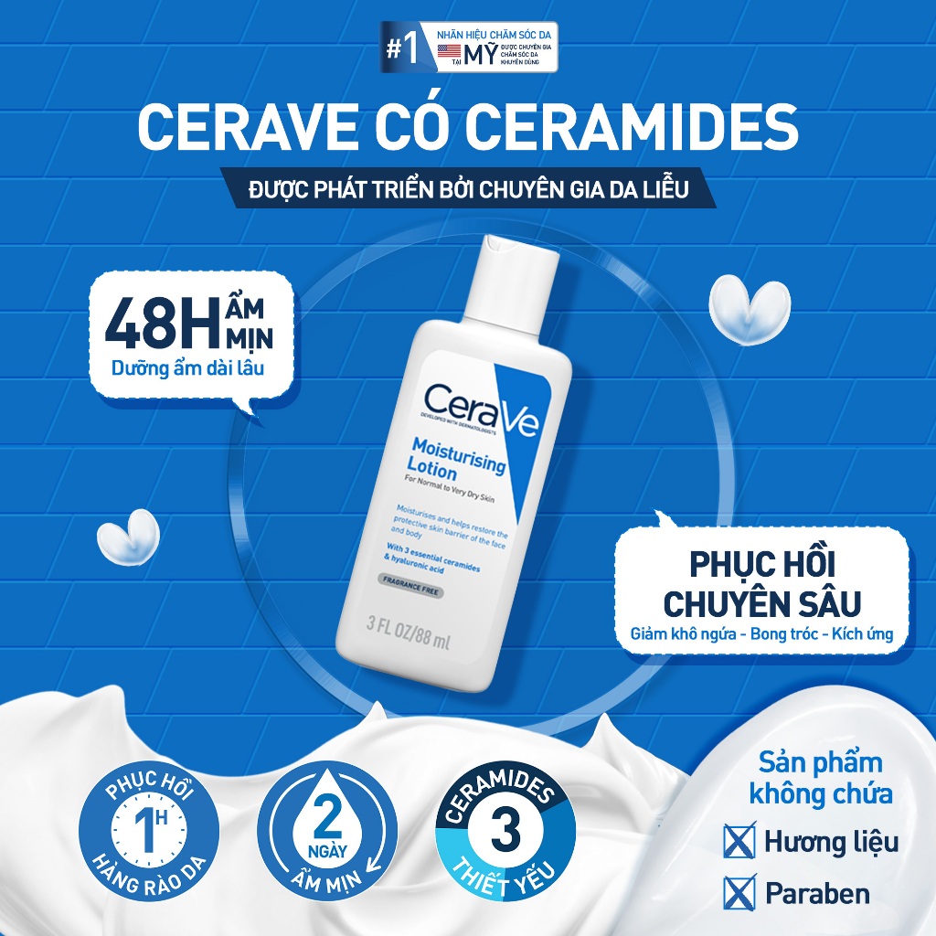 Sữa dưỡng ẩm phục hồi chuyên sâu và giữ da ẩm mịn suốt 48H CERAVE MOISTURISING LOTION 88ML | BigBuy360 - bigbuy360.vn