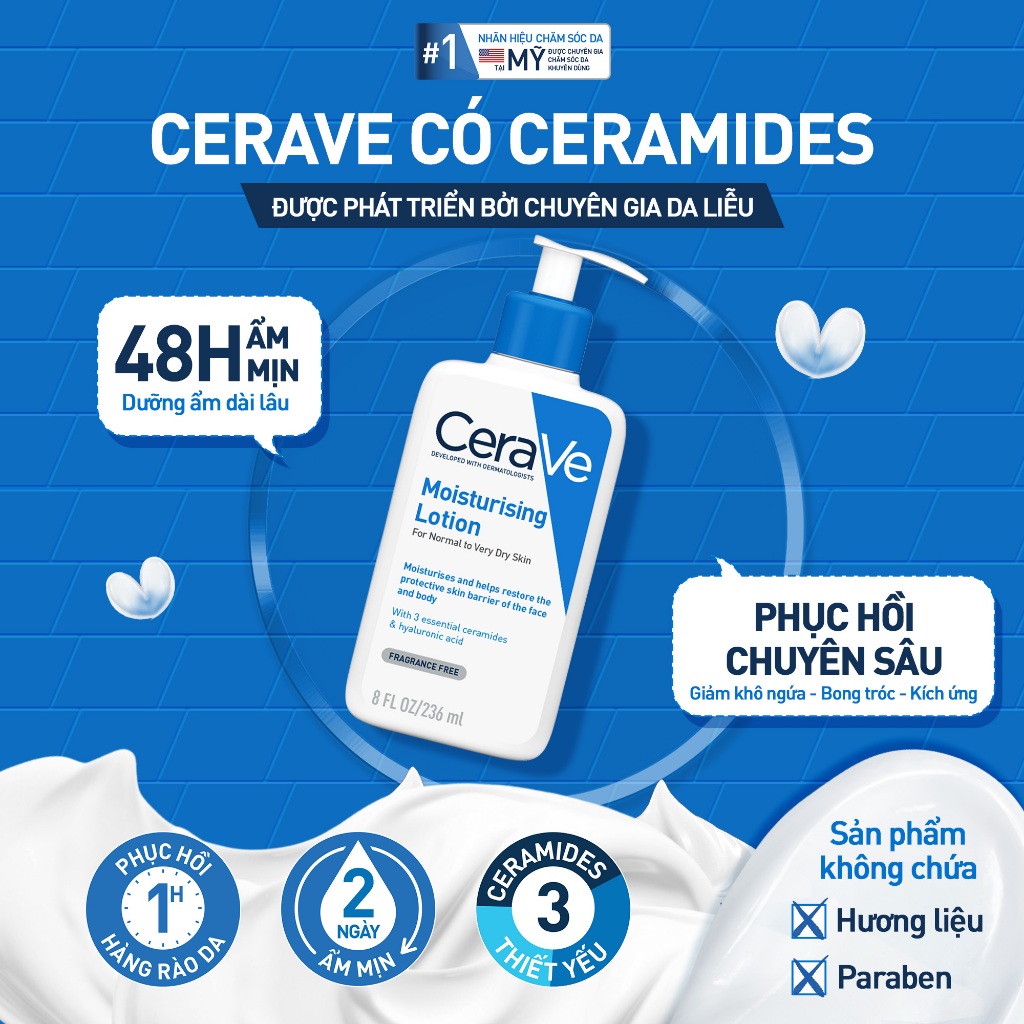Sữa dưỡng ẩm phục hồi chuyên sâu và giữ da ẩm mịn suốt 48H, duy trì hàng rào bảo vệ da CERAVE MOISTURISING LOTION 236ML | BigBuy360 - bigbuy360.vn