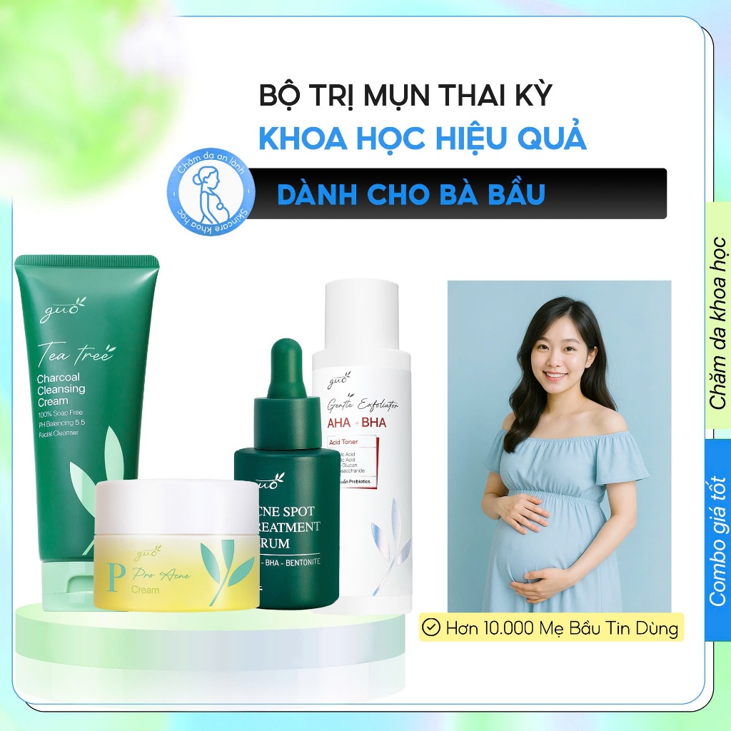 Bộ Mỹ Phẩm Chăm Sóc Da Dành Cho Mẹ Bầu Có Mụn Dịu Nhẹ, Lành Tính GUO (Tặng Mặt Nạ Đất Sét)