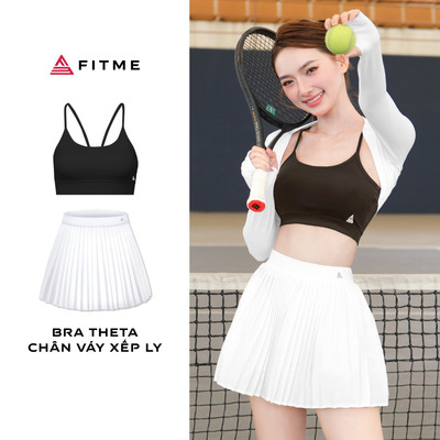 Bộ đồ Pickleball, Gym, Yoga nữ Fitme áo Bra Theta, chân váy xếp ly Trắng năng động kèm quần bảo hộ