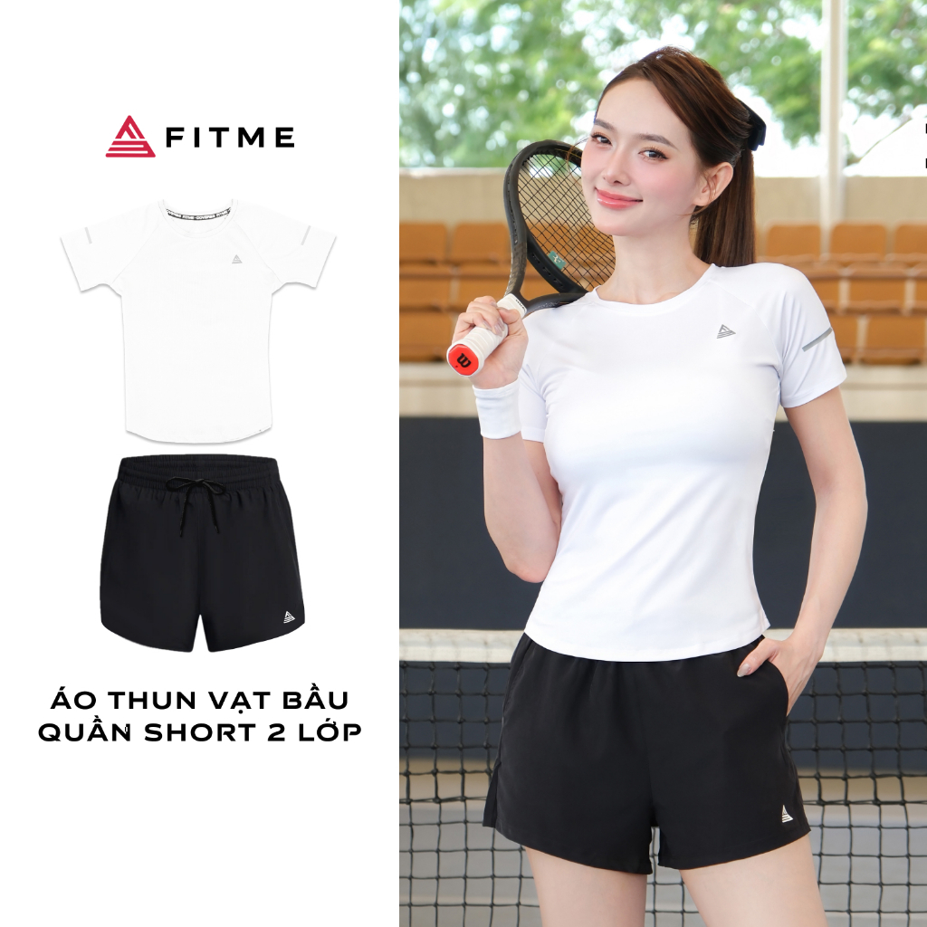 Bộ đồ Pickleball, cầu lông tennis nữ Fitme áo thun vạt bầu trắng, quần đùi thể thao 2 lớp thoáng khí