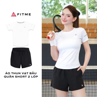 Bộ đồ Pickleball, cầu lông tennis nữ Fitme áo thun vạt bầu trắng, quần đùi thể thao 2 lớp thoáng khí