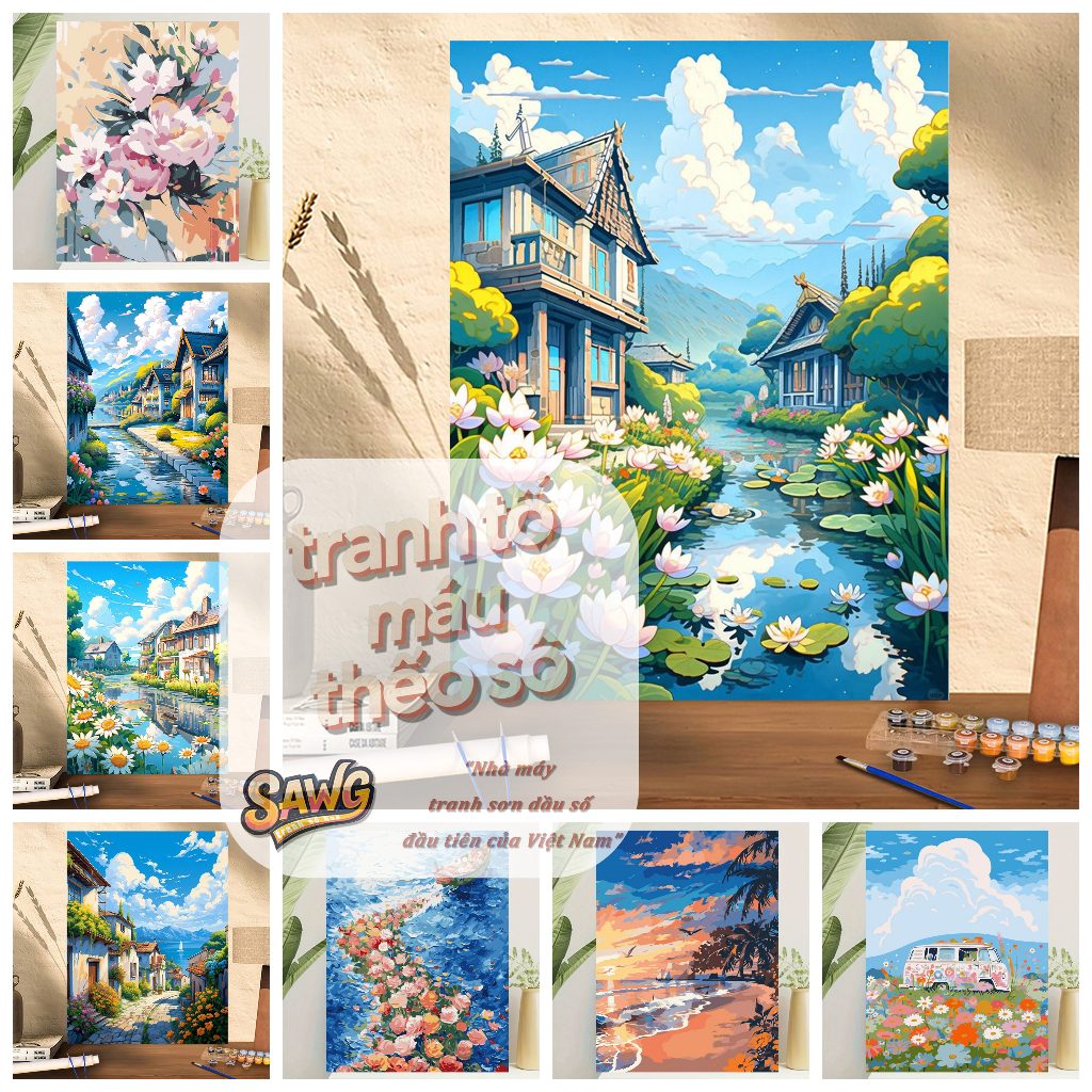 Sawg-căng khung-40*50-phong cảnh thị trấn nhỏ-tranh tô màu số hoá-tranh số hoá-tranh tô màu theo số-