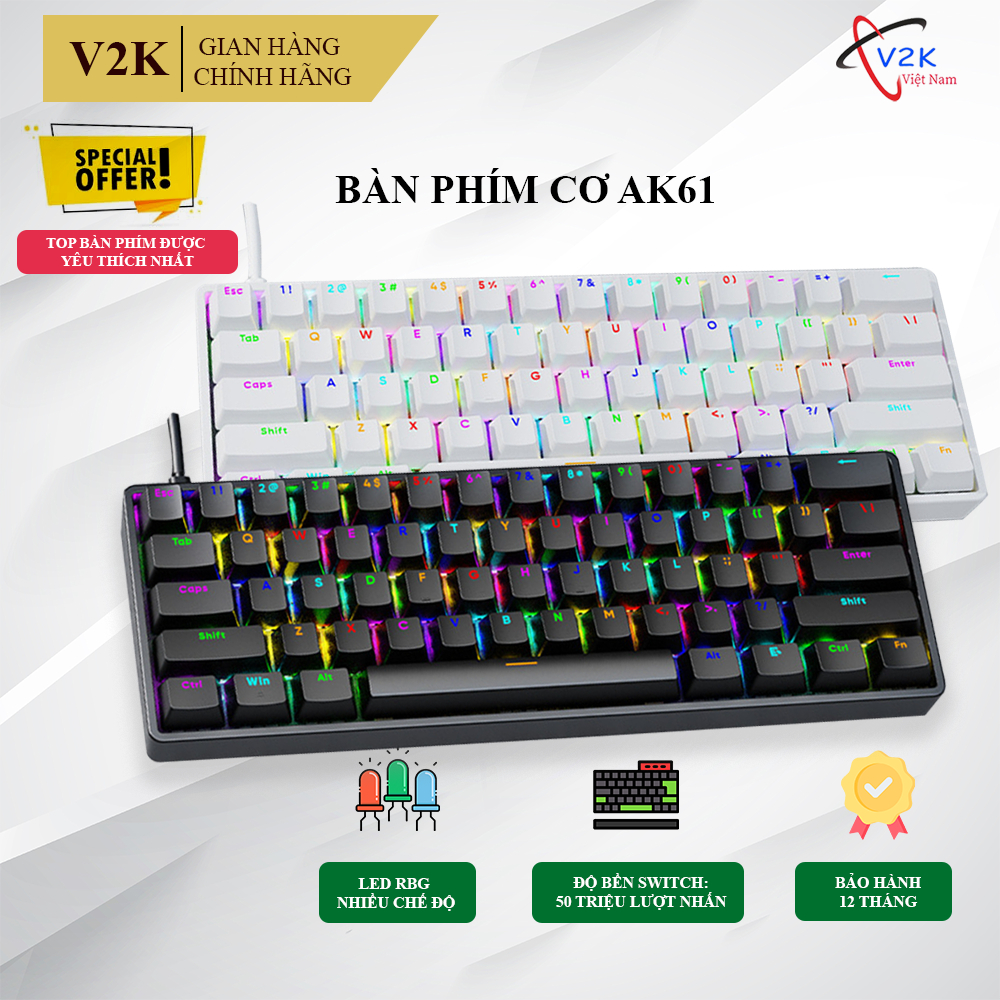 Bàn Phím Cơ Gaming AK61, thiết kế nhỏ gọn, Layout 61 phím, Led RGB 20+ chế độ, Blue Switch