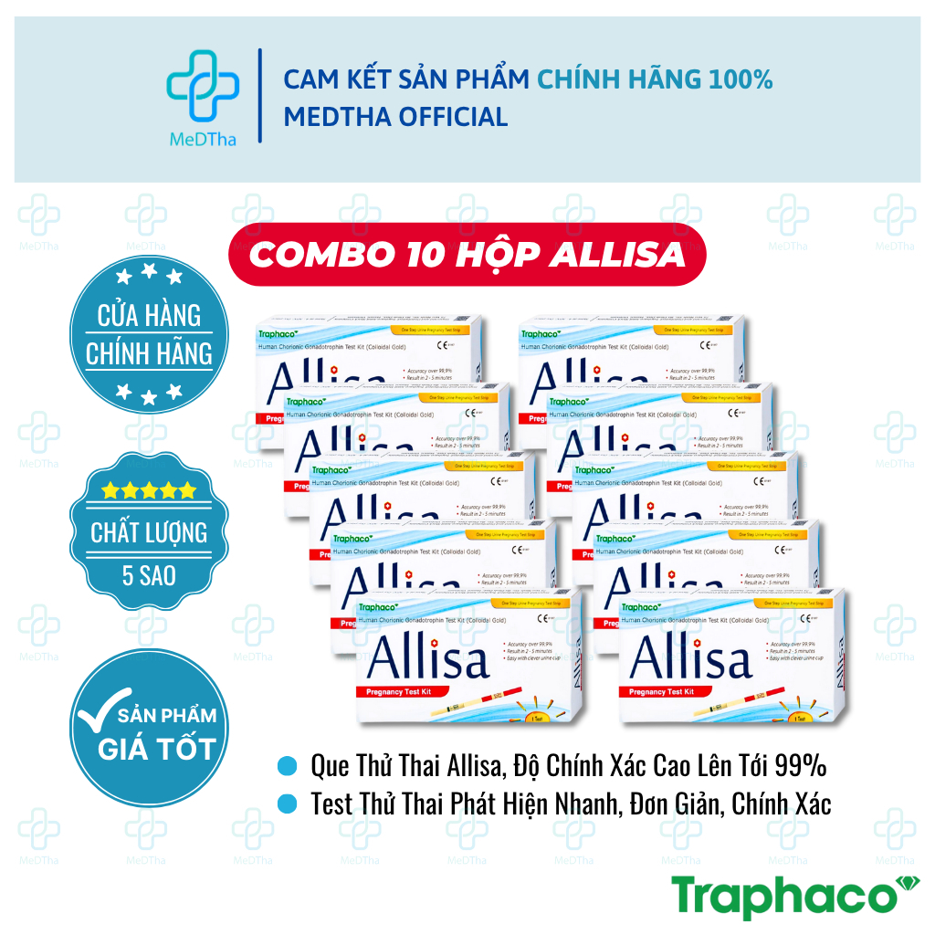 Combo 10 Que Thử Thai Allisa - Test Thử Thai Phát Hiện Nhanh, Đơn Giản, Chính Xác (5 Que/ 10 Que)