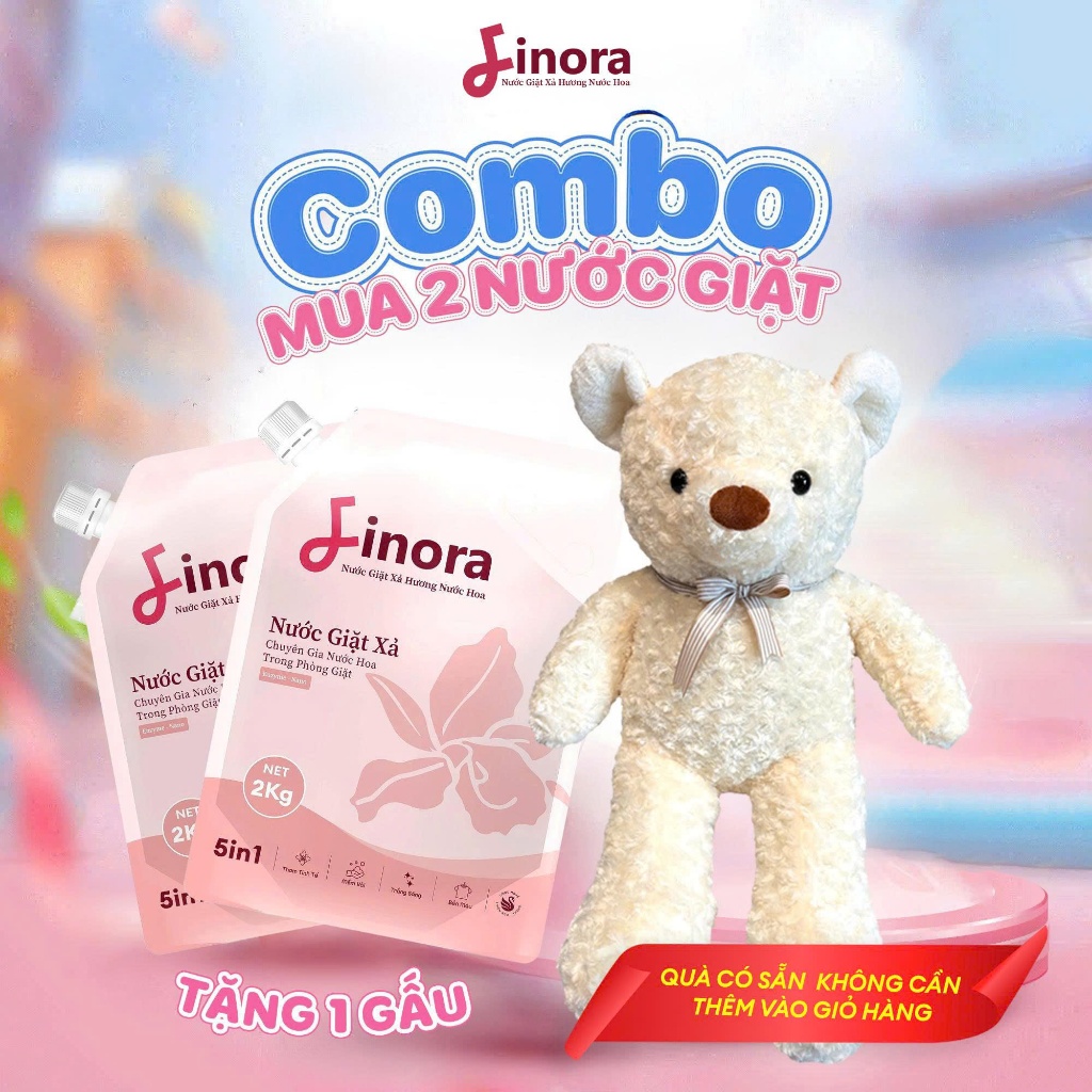 [Tặng 1 Gấu Teddy Khổng Lồ] Combo 2 Nước Giặt Xả Finora 2kg - Lưu Hương Lâu, Dịu Nhẹ