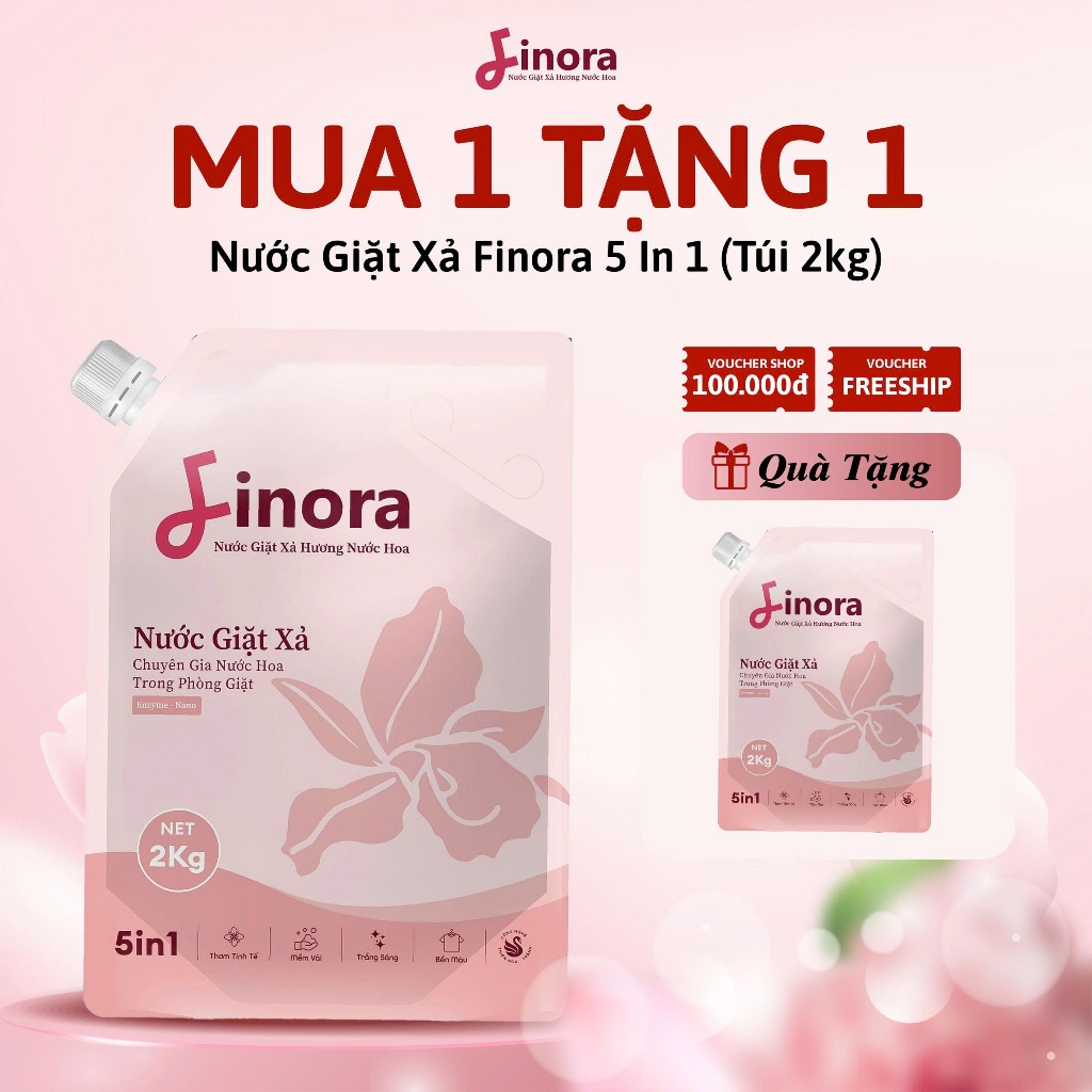 [Mua 1 Tặng 1] Nước Giặt Xả Finora Hương Nước Hoa 2 Túi 2L Lưu Hương Tới 48H, Thân Thiện Cho Da
