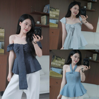 Áo kẻ thắt dây ngực chiết eo tay bo chun (tay tháo rời) Nữ the.sweaterweather TSW