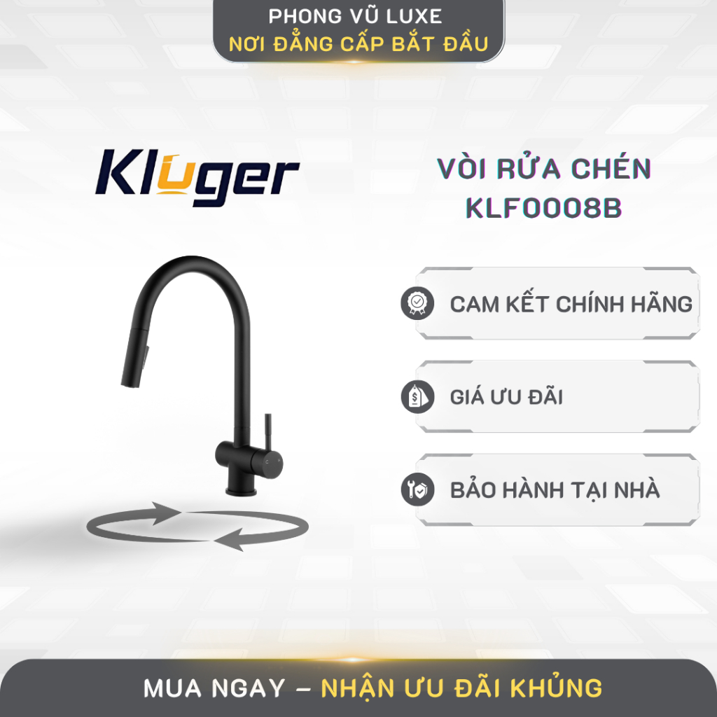 Vòi rửa chén Kluger KLF0008B Inox SS304, xoay 360° - PVL