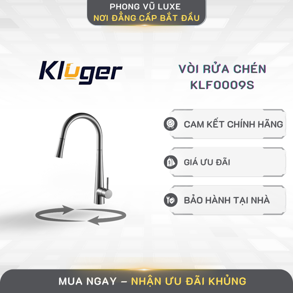 Vòi rửa bát Kluger KLF0009S Inox SS304, xoay 360° - PVL