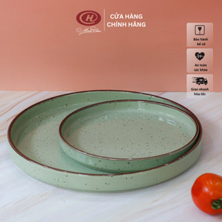 Đĩa sứ phẳng có thành màu xanh lá men muối tiêu kiểu Nhật - Sứ Minh Châu