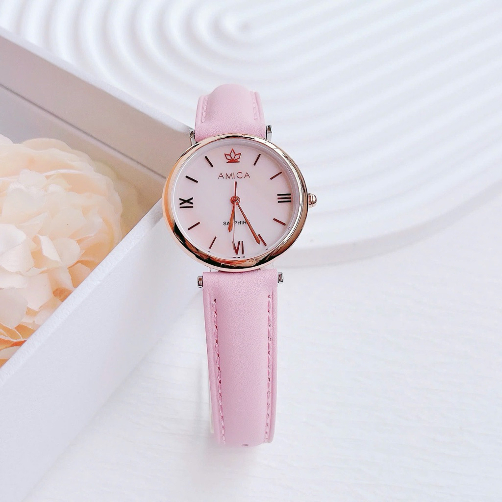 Đồng hồ nữ dây da Amica Quartz A039