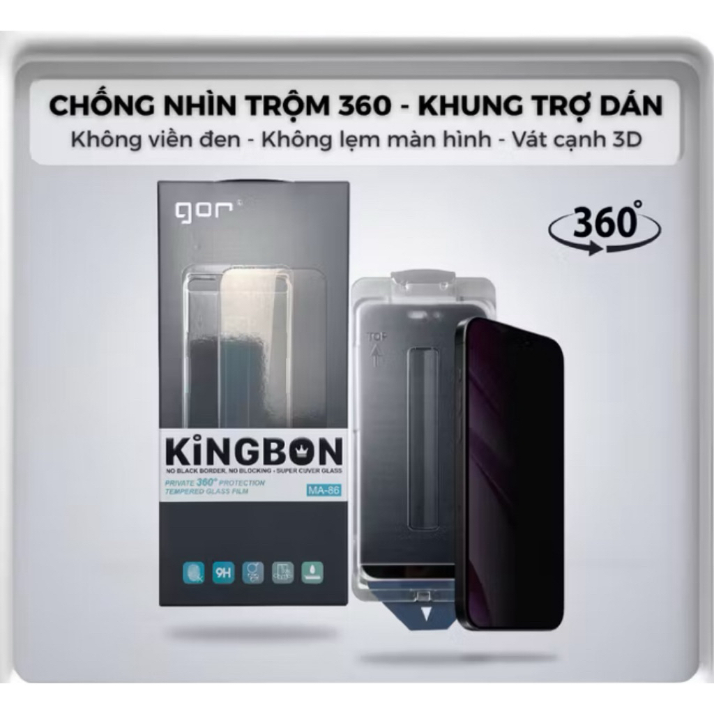 (iPhone 13 -17 Pro max) Kính Cường Lực GOR KINGBON Chống Nhìn Trộm có Khung tự dán bảo vệ máy iphone