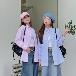  Áo sơ mi kiểu nữ chất oxford form rộng dài tay họa tiết kẻ sọc thêu chữ S basic 2 màu pastel Hàn Quốc Kozoda SM215 