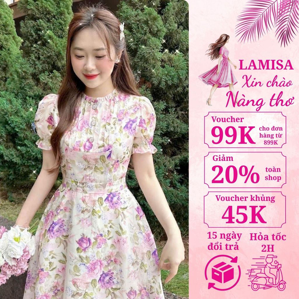 V5804 váy xòe hoa tay bồng tiểu thư LAMISA
