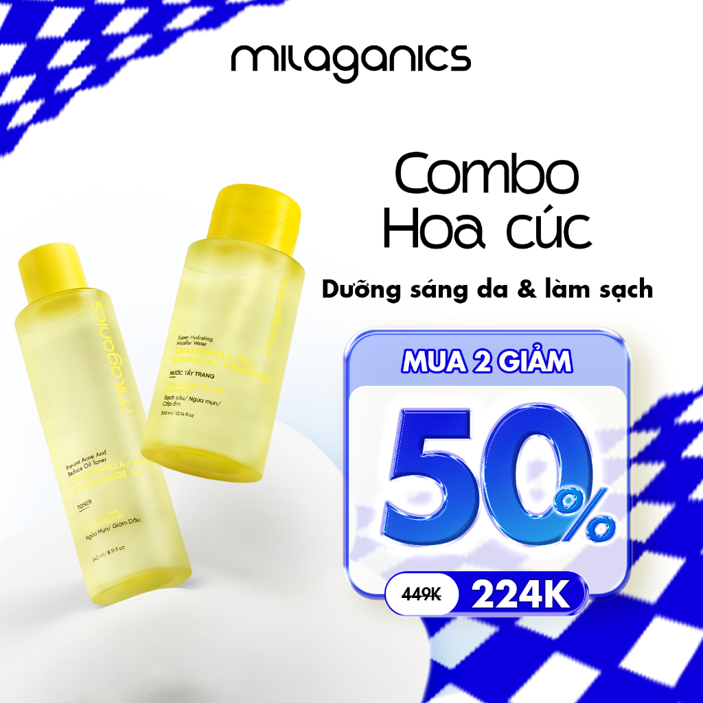 [MUA 2 GIẢM 50%] Toner & nước tẩy trang hoa cúc MILAGANICS hỗ trợ làm sáng da và giảm mụn