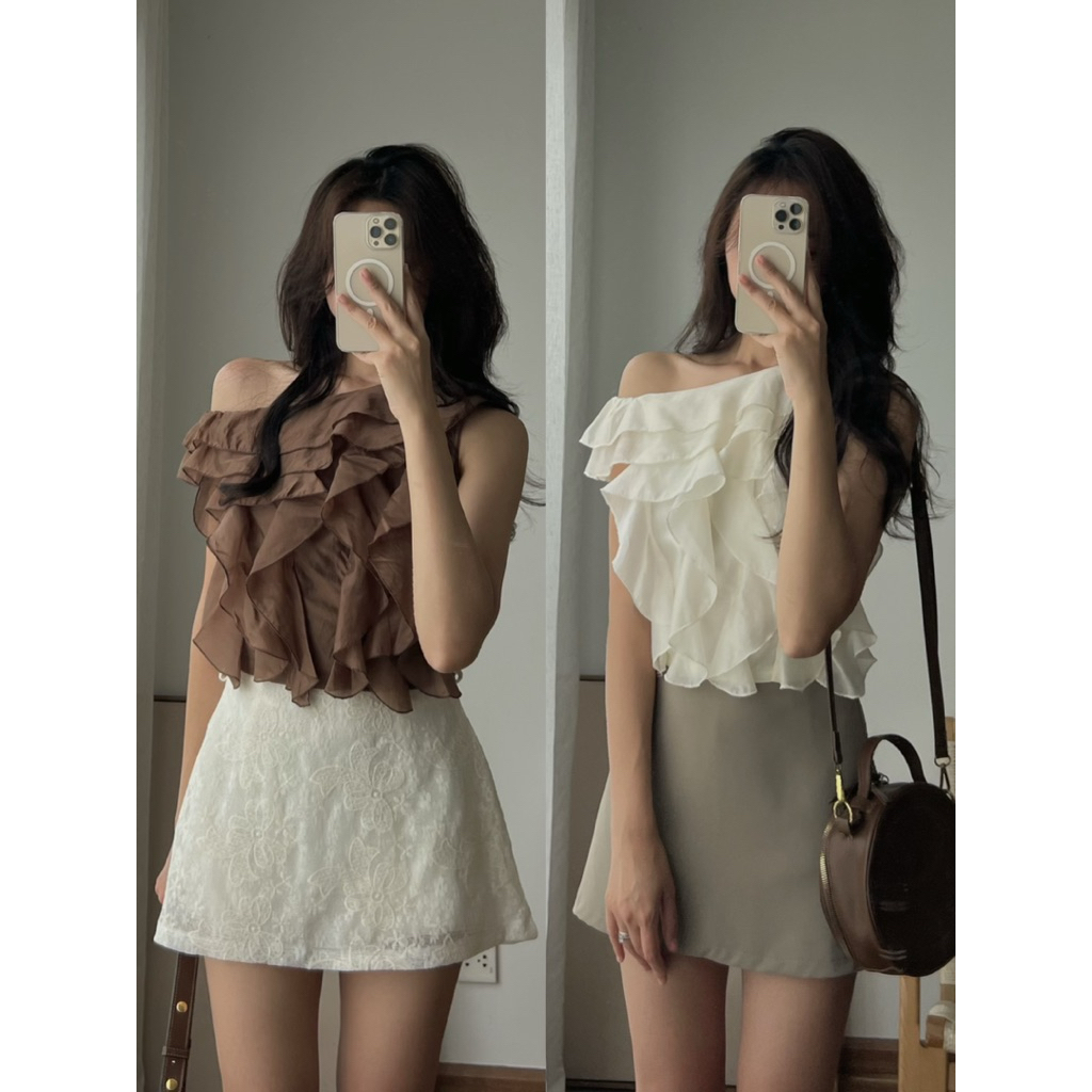 A960 Áo tơ nhún bèo lệch vai Audrey