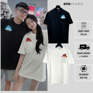 Áo Phông Nam Nữ BOXY in Noe Que Thêu Hình Lửa Nước - Áo Thun Nam Thêu Logo Túi Siêu Nét, Chất Lượng Cao OTO
