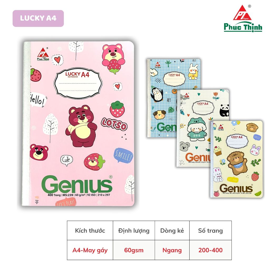 Sổ A4 Kẻ Ngang May Gáy Lucky 200/260/320tr -  ĐL Giấy 60gsm vở A4 - Genius Phúc Thịnh