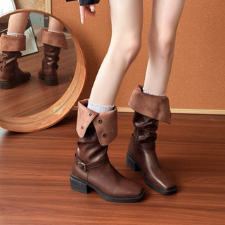  Giày boot đùi nữ cao bồi đế 5p mũi tròn cổ điển khuy hông Eudora899 B226 