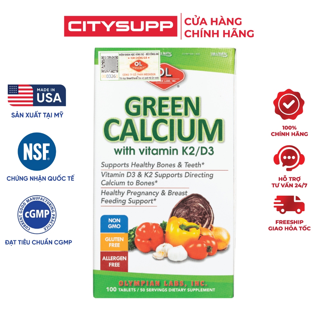 Viên Uống Vitamin D3 K2 Olympian Labs Green Calcium (100 Viên) Bổ Sung Canxi Hữu Cơ | CitySupp